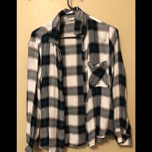 Teal, black and white plaid shirt